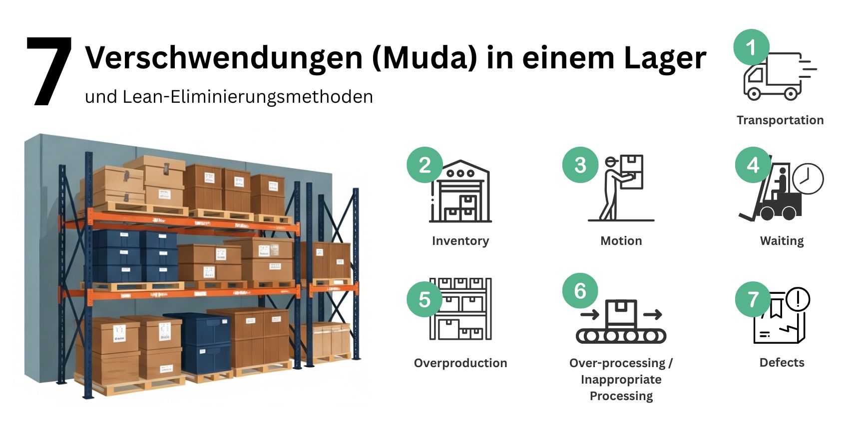 Eine Infografik, die die sieben Arten von Verschwendung (Muda) in einem Lager erklärt, mit Symbolen für jede Kategorie, und die entsprechenden Lean-Methoden zu ihrer Beseitigung skizziert.